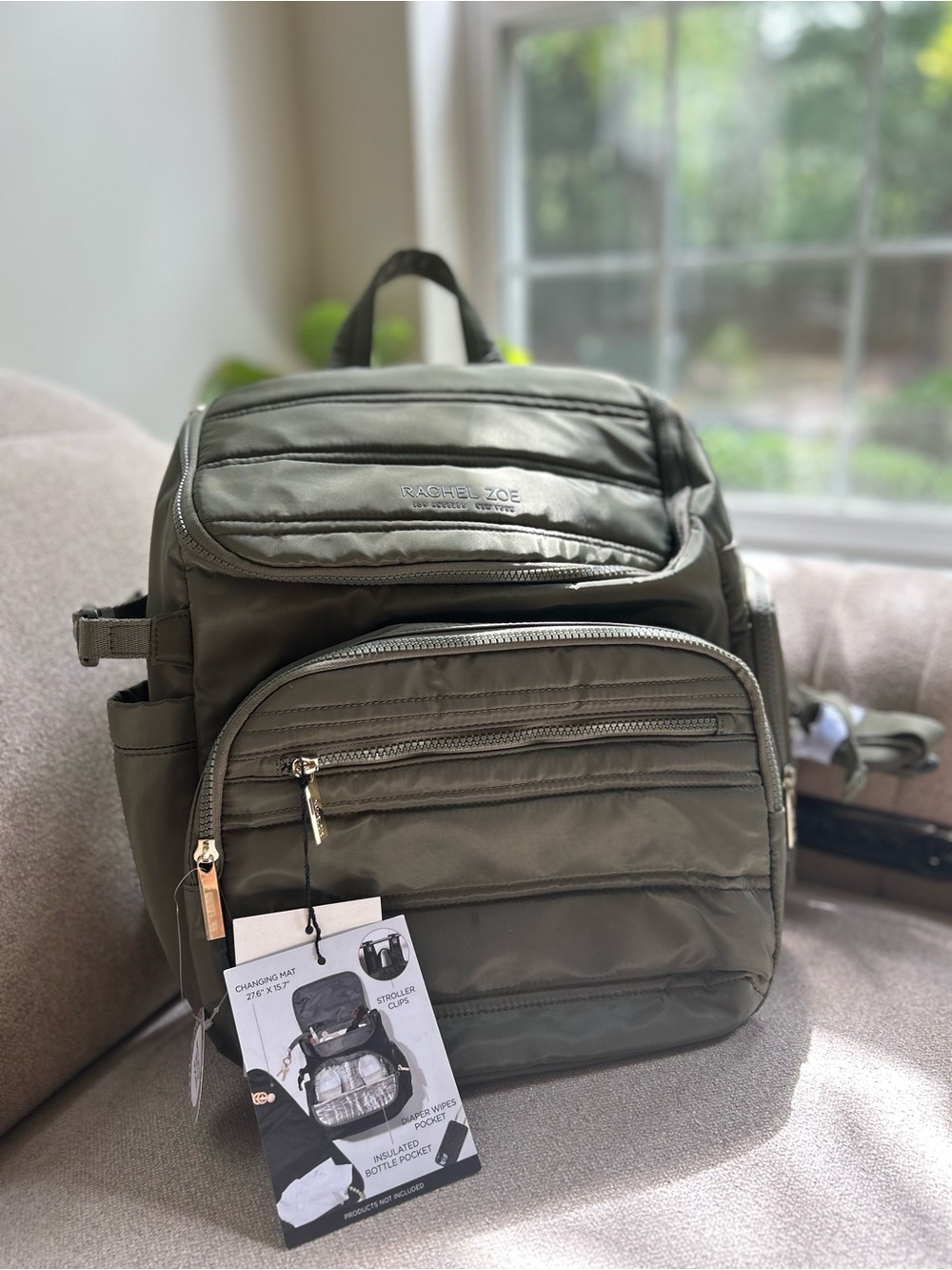 Rachel Zoe Olive Quilted Diaper Backpack with Changing Matt